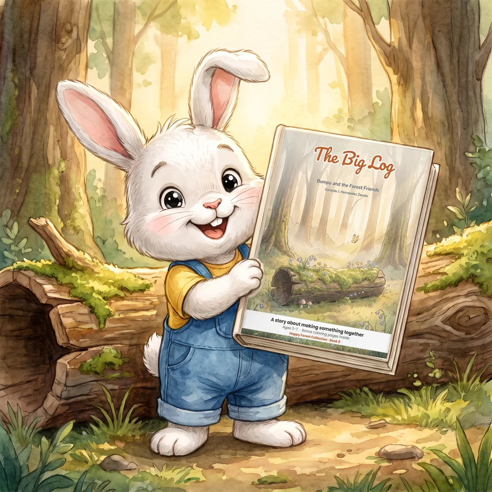 Bompy holding the book The Big Log